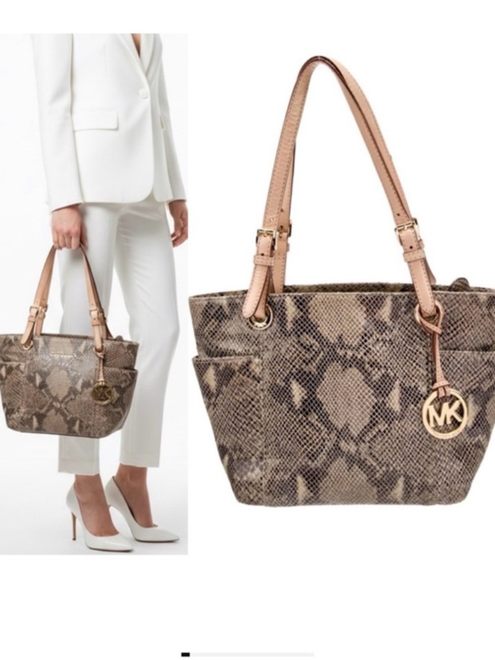Michael Kors Jet Set Python Embossed Leather Gold Metallic Lined Shoulder Bag